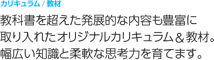 カリキュラム/教材
教科書を超えた発展的な内容も豊富に取り入れたオリジナルカリキュラム&教材。幅広い知識と柔軟な思考力を育てます。