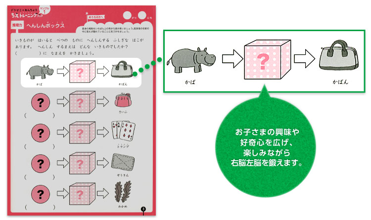 お子さまの興味や好奇心を広げ、楽しみながら右脳左脳を鍛えます。