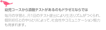 幼児コースから添削テストがあるのもドラゼミならでは

毎月の学習と、月１回のテスト提出により生活リズムがつくられ、
個別担任とのやりとりによって、社会性やコミュニケーション能力も育まれます。