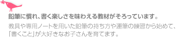 鉛筆に慣れ、書く楽しさを味わえる教材がそろっています。
教具や専用ノートを用いた鉛筆の持ち方や運筆の練習から始めて、
「書くこと」が大好きなお子さんを育てます。