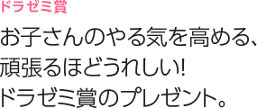 ドラゼミ賞
お子さんのやる気を高める、頑張るほどうれしい！ドラゼミ賞のプレゼント。