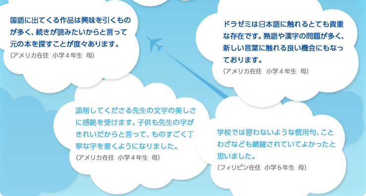 ドラゼミを通じて日本語の学習や、日本のことを知ることができ、子どもが日本に興味を持つようになりました。
(オーストラリア在住 小学3年生 母)
海外では日本と学習進度が違うので、今の日本の学習内容が分かりとても助かります。
(マレーシア在住 小学4年生 母)
ドラえもんが親しみやすく、楽しみながら学習できています。漢字・四字熟語など多く学べるのが良いですね。(韓国在住 小学6年生 母)
国語に出てくる作品は興味を引くものが多く、続きが読みたいからと言って元の本を探すことが度々あります。(アメリカ在住 小学4年生 母)
ドラゼミは日本語に触れるとても貴重な存在です。熟語や漢字の問題が多く、新しい言葉に触れる良い機会にもなっております。(アメリカ在住 小学4年生 母)
学校では習わないような慣用句、ことわざなども網羅されていてよかったと思いました。
(フィリピン在住 小学6年生 母)
添削してくださる先生の文字の美しさに感銘を受けます。子供も先生の字がきれいだからと言って、ものすごく丁寧な字を書くようになりました。
(アメリカ在住 小学4年生 母)