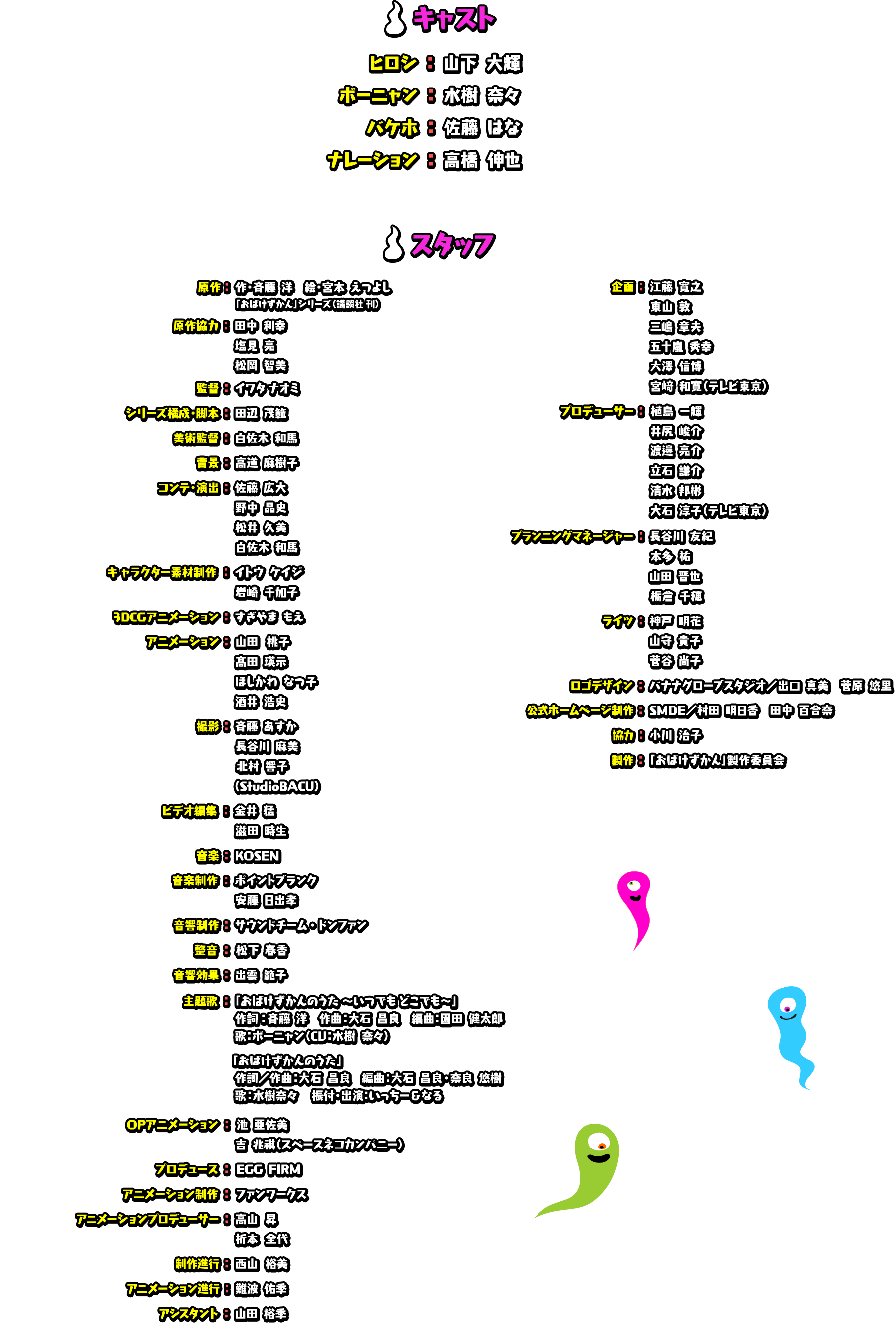 
							■キャスト
							ヒロシ		：山下大輝
							ボーニャン	：水樹奈々
							バケホ		：佐藤はな
							ナレーション	：高橋伸也																		



							原作　　　　　　　　　　：作・斉藤　洋　絵・宮本えつよし
												 「おばけずかん」シリーズ（講談社刊）

							原作協力		    ：田中利幸
												塩見　亮
												松岡智美																		

							監督　　　　　　　　　　：イワタナオミ
							シリーズ構成・脚本　　　　　　　　　　：   田辺茂範

							美術監督　　　　　　　　　　：白佐木 和馬
							背景　　　　　　　　　　：高道 麻樹子

							コンテ・演出　　　　　　　　　　：佐藤広大
														野中晶史
														松井久美
														白佐木和馬

							キャラクター素材制作　　　　　　　　　　：イトウケイジ
															   岩崎千加子

							3DCGアニメーション　　　　　　　　　　：すぎやまもえ

							アニメーション　　　　　　　　　 ：山田 桃子
														 髙田 瑛示
														 ほしかわなつ子
														 酒井 浩史　

							撮影　　　　　　　　　：斉藤あすか
												長谷川麻美
												北村響子
												（Studio BACU）

							ビデオ編集　　　　　　　　　　：金井 猛
													   滋田時生

							音楽:KOSEN

							音楽制作　　　　　　　　　　：ポイントブランク
													 安藤日出孝

							音響制作　　　　　　　　　　：サウンドチーム・ドンファン
							整音　　　　　　　　　　：松下春香
							音響効果　　　　　　　　　　：出雲範子

							主題歌				 ：おばけずかんのうた ～いつでも どこでも～
												 作詞：斉藤　洋　作曲：大石昌良　編曲：園田健太郎		　歌：ボーニャン(CV:水樹奈々)	

												：おばけずかんのうた
												作詞／作曲：大石昌良	編曲：大石昌良・奈良悠樹
												歌：水樹奈々	振付・出演：いっちー＆なる																		


							OPアニメーション		：池 亜佐美
							吉　兆祺（スペースネコカンパニー）

							プロデュース			：EGG FIRM　
							アニメーション制作		：ファンワークス																		

							アニメーションプロデューサー	：高山昇
													  ：折本全代

							制作進行			：西山裕美
							アニメーション進行　　　　　　　:難波佑季
							アシスタント　　　　　　　　　　：山田裕季

							企画				 ：江藤寛之
												東山敦
												三嶋章夫
												五十嵐秀幸
												大澤信博
												宮﨑和寛（テレビ東京）


							プロデューサー			  ：植島一輝
													井尻峻介
													渡邉亮介
													立石謙介
													清水邦彬
													大石淳子（テレビ東京）

							プランニングマネージャー	   ：長谷川友紀
														本多祐
														山田晋也
														栃倉千穂

							ライツ				 ：神戸明花
												山守貴子
												菅谷尚子

							ロゴデザイン			：バナナグローブスタジオ／出口真美　菅原悠里
							公式ホームページ制作		：SMDE／村田明日香　田中百合奈

							協力				：小川治子

							製作				：「おばけずかん」製作委員会