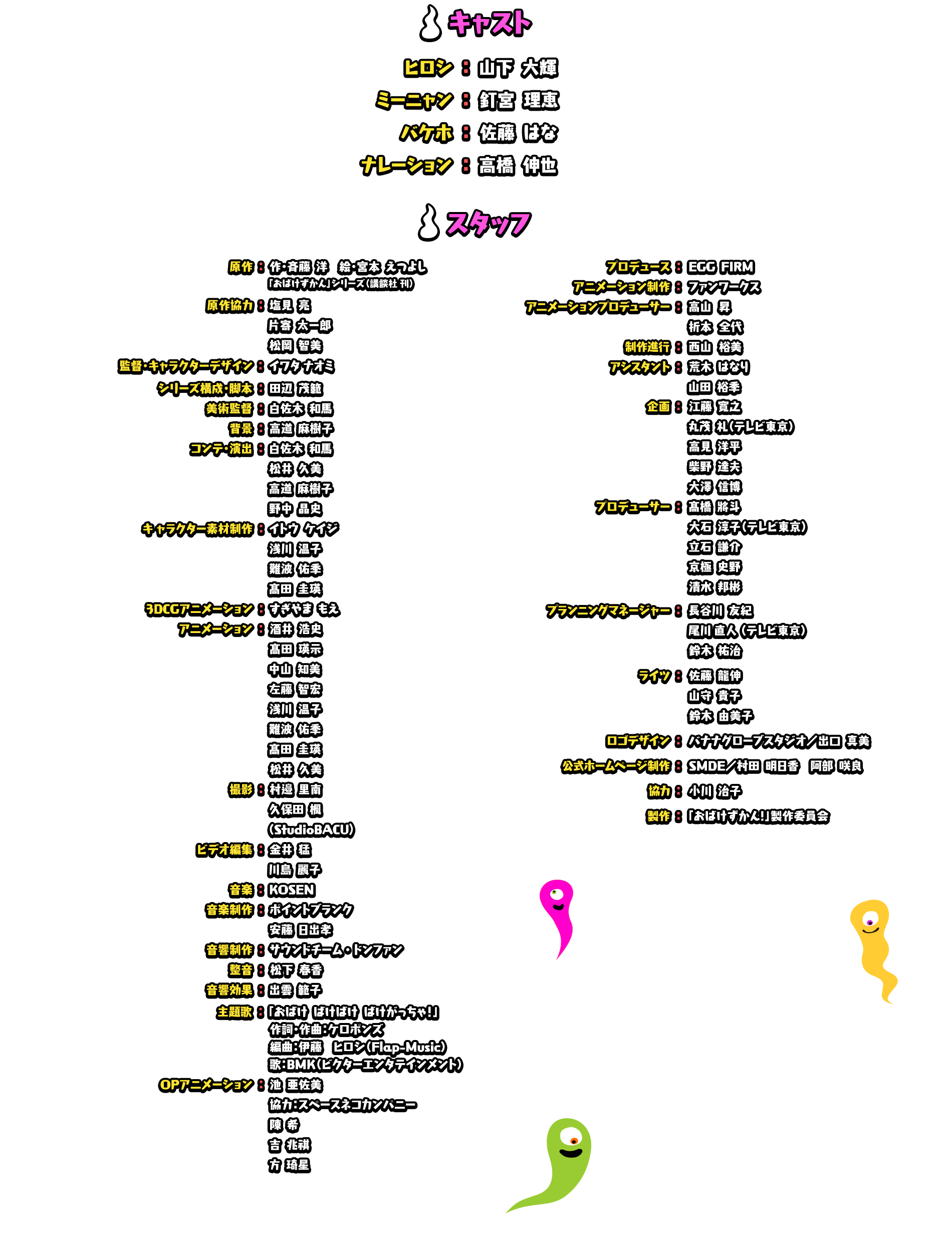 	キャスト
                ヒロシ　山下大輝
                ミーニャン　釘宮理恵
                バケホ　佐藤はな
                ナレーション　高橋伸也
                スタッフ
                
                原作		「おばけずかん」シリーズ（講談社刊）	
                    作	斉藤　洋	
                    絵	宮本　えつよし	
                            
                原作協力		塩見　亮	
                        片寄　太一郎	
                        松岡　智美	
                            
                監督・キャラクターデザイン		イワタナオミ	
                シリーズ構成・脚本		田辺　茂範	
                美術監督		白佐木　和馬	
                背景		高道　麻樹子	
                コンテ・演出		白佐木　和馬	
                        松井　久美	
                        高道　麻樹子	
                        野中　晶史 	
                キャラクター素材制作		イトウ　ケイジ	
                        浅川　温子	
                        難波　佑季　	
                        髙田　圭瑛	
                ３DCGアニメーション		すぎやま　もえ	
                アニメーション		酒井　浩史	
                        髙田　瑛示	
                        中山　知美	
                        左藤　智宏	
                        浅川　温子	
                        難波　佑季　	
                        髙田　圭瑛	
                        松井　久美	
                            
                撮影		村邉　里南	
                        久保田　楓	
                        （StudioBACU)	
                            
                ビデオ編集		金井　猛	
                        川島　麗子	
                音楽		KOSEN	
                音楽制作		ポイントブランク	
                        安藤　日出孝	
                音響制作		サウンドチーム・ドンファン	
                整音		松下　春香	
                音響効果		出雲　範子	
                主題歌		おばけ　ばけばけ　ばけがっちゃ！	
                作詞		ケロポンズ	
                作曲		ケロポンズ	
                編曲		伊藤　ヒロシ （Flap-Music）	
                歌		BMK（ビクターエンタテインメント）	
                OPアニメーション		池 亜佐美	
                        協力：スペースネコカンパニー	
                        陳　希	
                        吉　兆祺	
                        方　琦星	
                プロデュース		EGG FIRM	
                アニメーション制作		ファンワークス	
                アニメーション・プロデューサー		高山　晃	
                        折本　全代	
                制作進行		西山　裕美	
                アシスタント		荒木　はなり	
                        山田　裕季	
                企画		江藤　寛之	
                        丸茂　礼（テレビ東京）
                        高見　洋平	
                        柴野　達夫　
                        大澤　信博	
                            
                プロデューサー		髙橋　將斗	
                        大石　淳子（テレビ東京）	
                        立石　謙介	
                        京極　史野	
                        清水　邦彬	
                            
                プランニングマネージャー		長谷川友紀	
                        尾川 直人 （テレビ東京）	
                        鈴木　祐治	
                            
                ライツ		佐藤　龍伸	
                        山守　貴子	
                        鈴木　由美子	
                ロゴデザイン		バナナグローブスタジオ/出口　真美	
                公式ホームページ制作		SMDE/村田　明日香　阿部　咲良	
                協力		長谷川　友紀	
                        小川　治子	
                製作		「おばけずかん！」製作委員会       
        